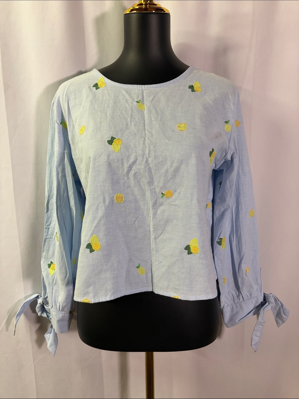 Rebellion Again Chambray Embroidered Lemon Print Cropped Tie Back Blouse